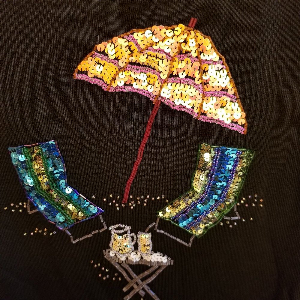 Bethany Ladies Size S Black Tank w/ Sequined Beaded Beach Chairs and Umbrella